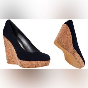 Rare Stuart Weitzman Corkswoon Navy Suede Platform Wedges US 8.5 $445 Retail